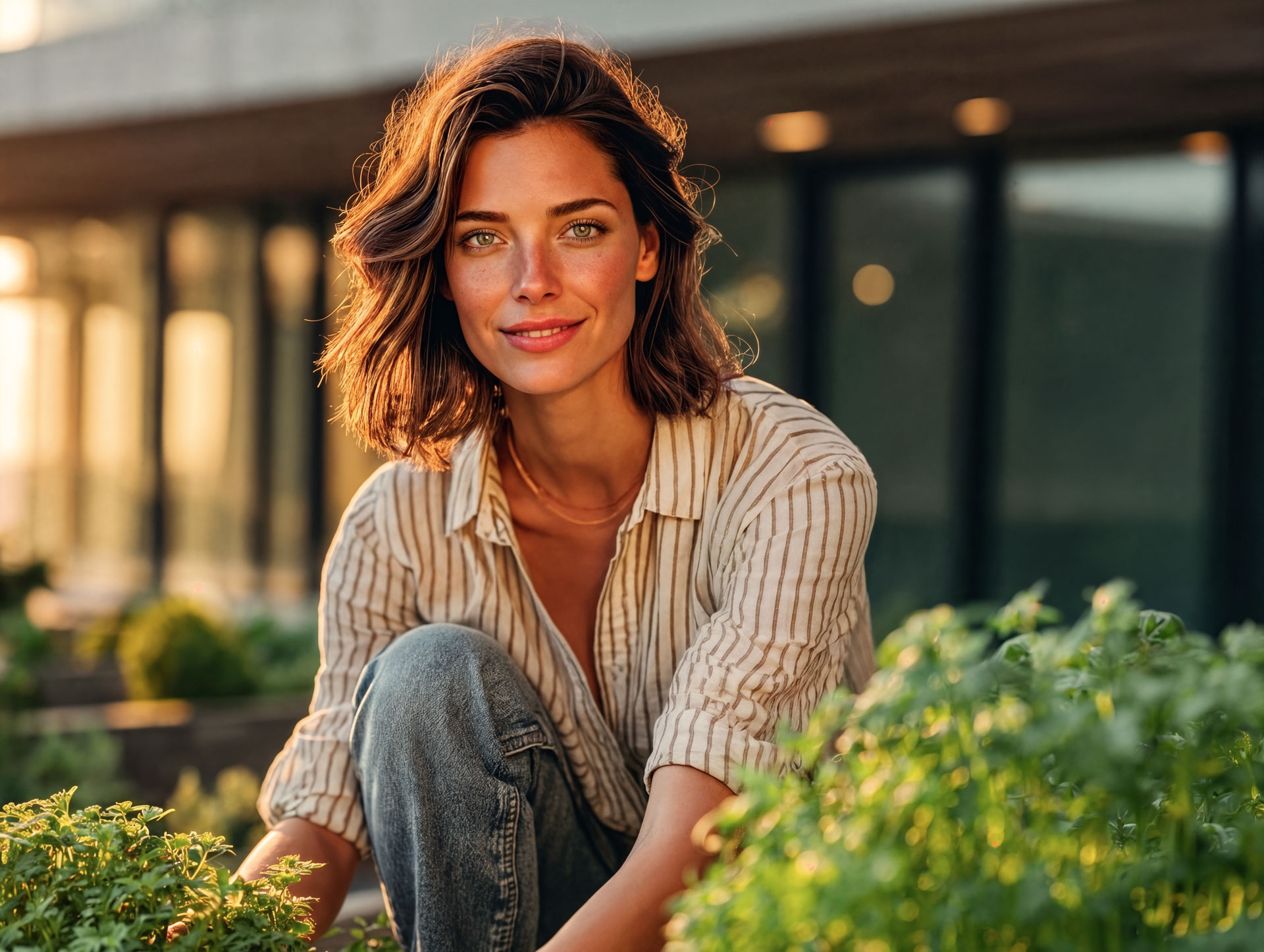 Caroline im Garten in der Abendsonne, Leinenhemd und Jeans, zwischen Hochbeeten.