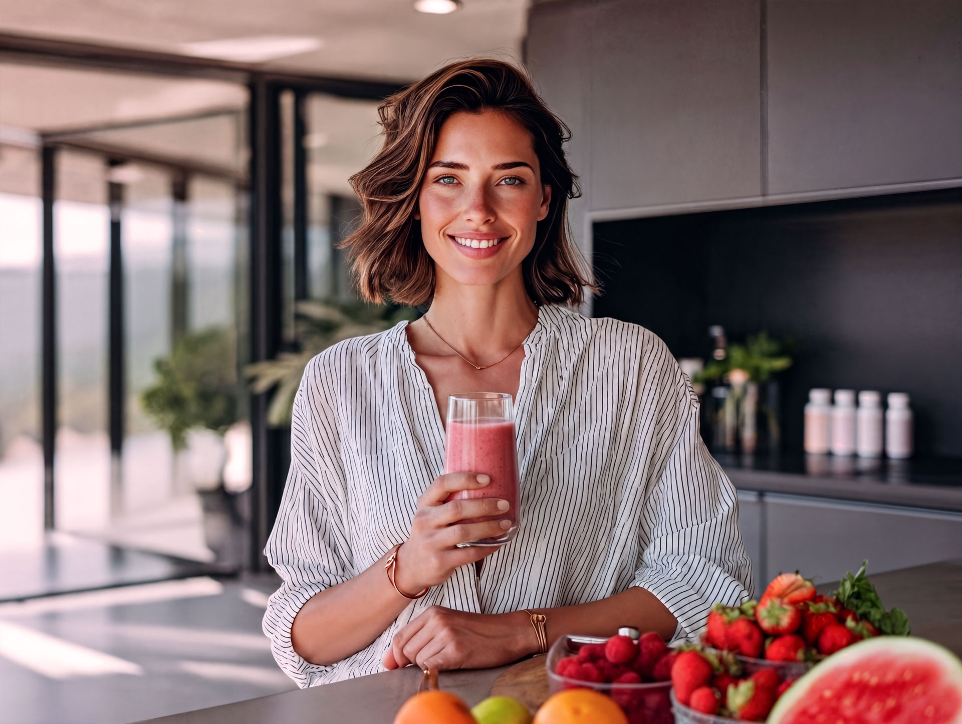 Caroline in einer offenen Küche mit einem Smoothie, Obst auf der Arbeitsfläche.