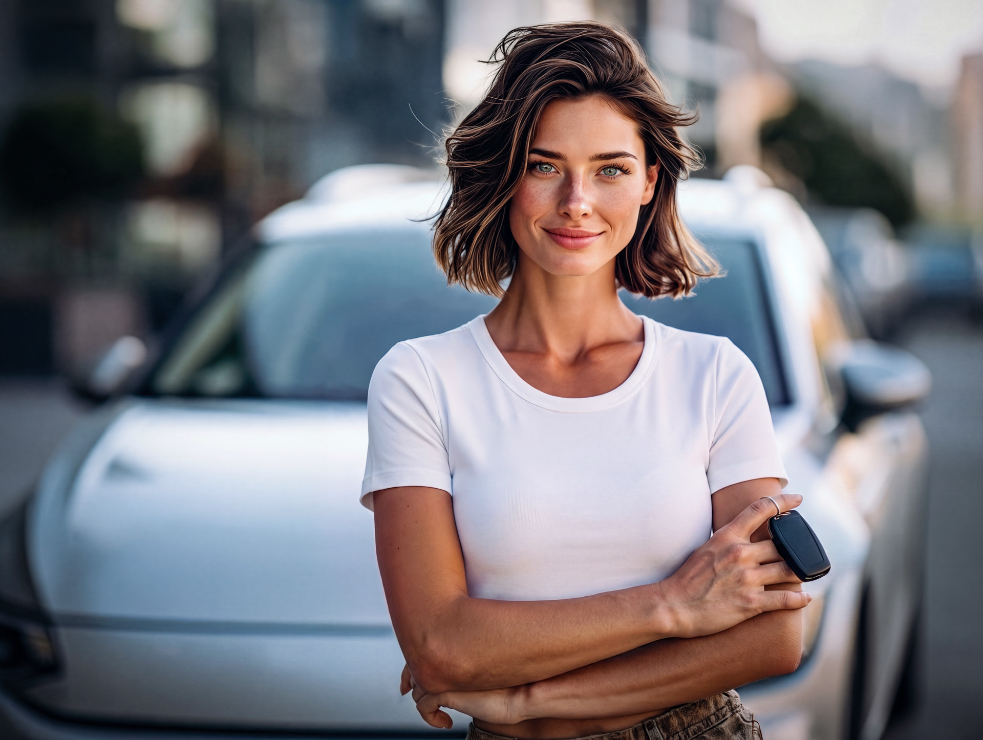 Caroline im weißen Shirt mit Autoschlüssel vor einem hellen Wagen in der Stadt.