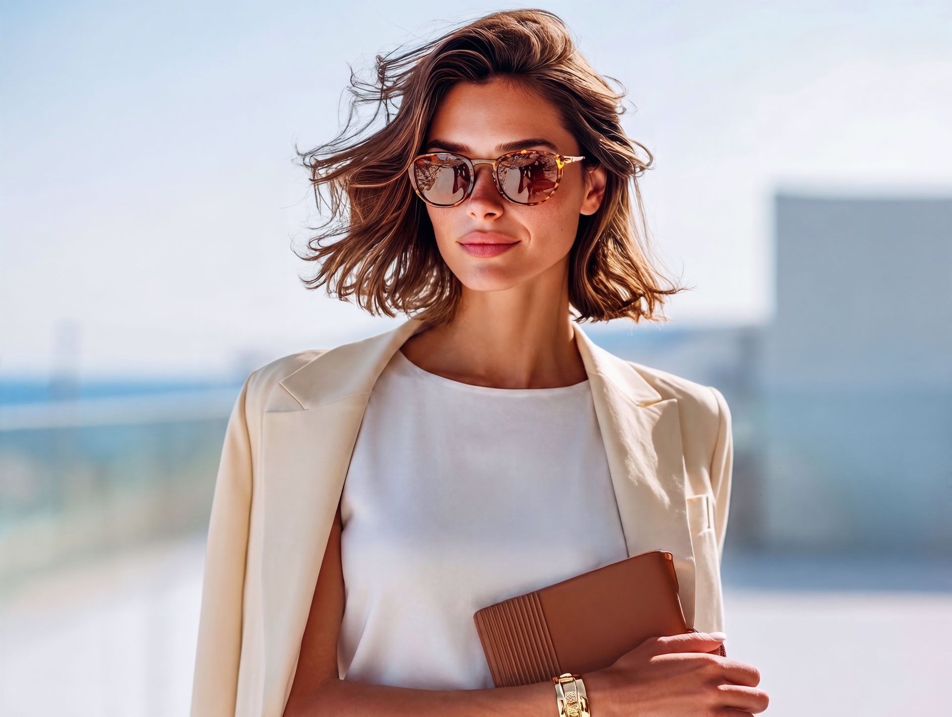 Caroline auf einer Dachterrasse: heller Blazer, Sonnenbrille, Clutch, Stadtsilhouette im Gegenlicht.