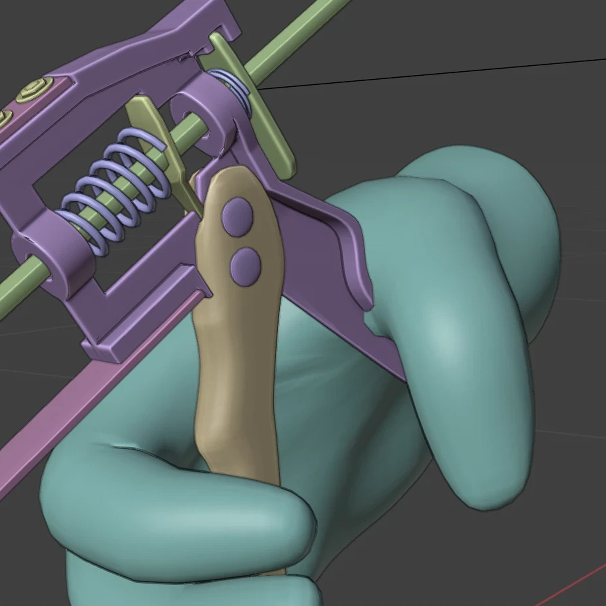 Arbeitsstand in Blender: Feder, Hebel und Bolzen der Kartuschenpresse, umschlossen von der Hand.