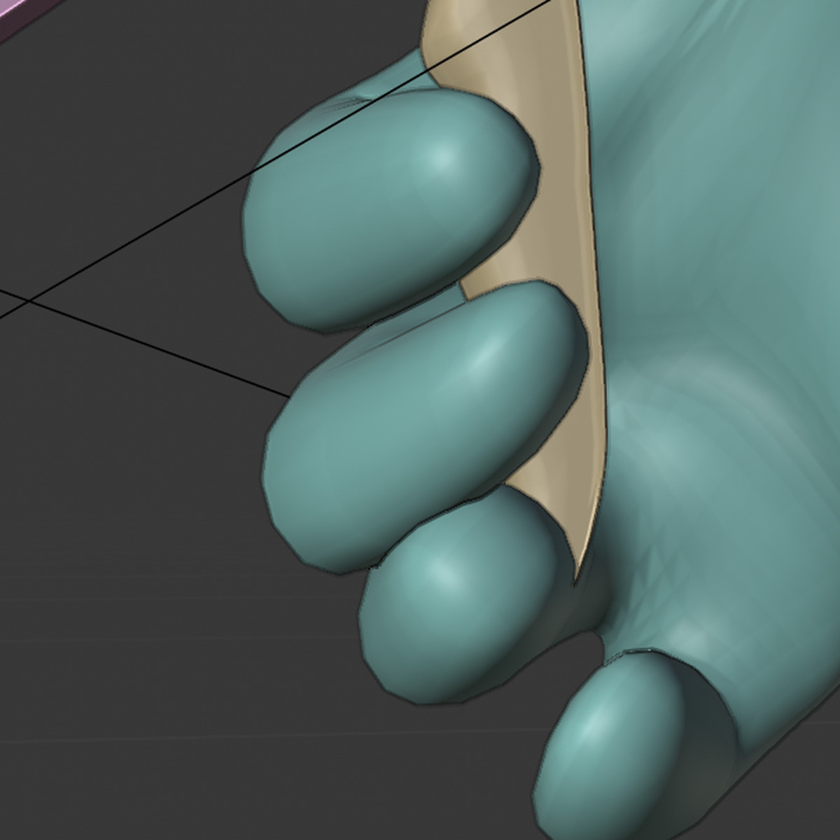 Arbeitsstand in Blender: vier Fingerkuppen an der Kante des Pressengriffs.