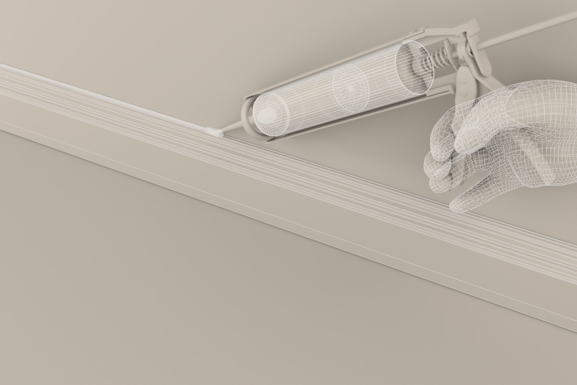 Clay-Render der Anwendungsszene mit halbtransparentem Drahtgitter auf Kartusche und Arbeitshandschuh, gleiche Kameraeinstellung wie das Finalbild.