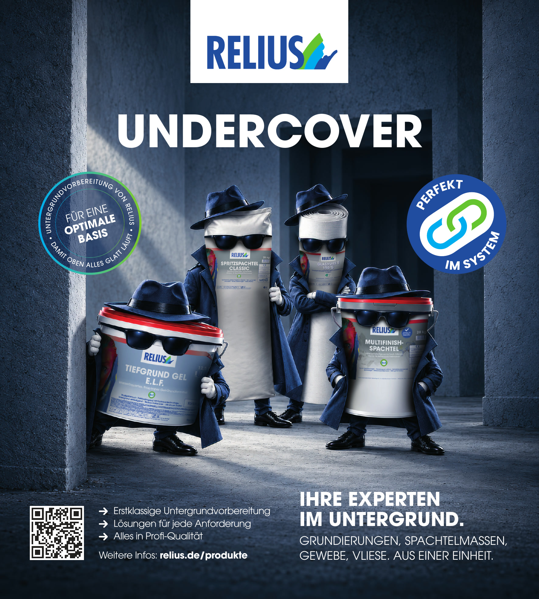 RELIUS Anzeige Undercover: vier Produkte der Untergrundvorbereitung als Agenten mit Hut, Sonnenbrille und Trenchcoat – Ihre Experten im Untergrund