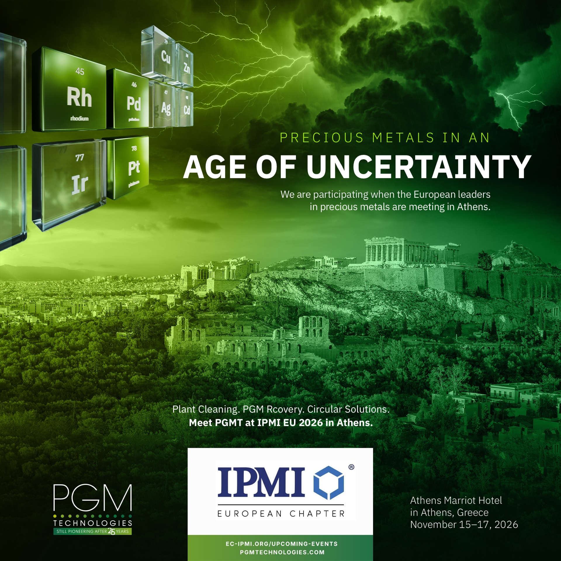 PGM Technologies Anzeige zur IPMI EU 2026 in Athen: Age of Uncertainty, Edelmetall-Elemente über der Akropolis